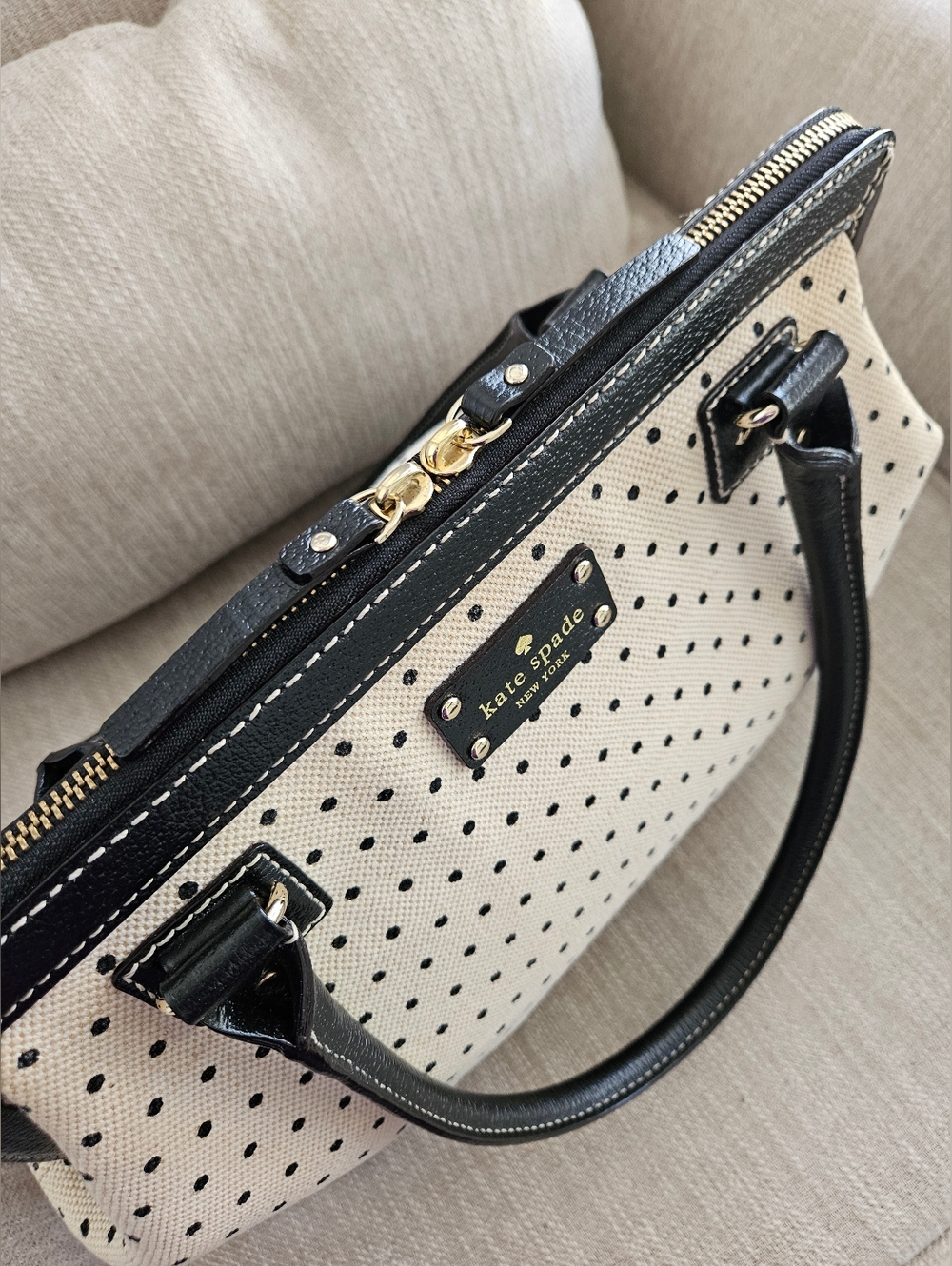 Kate Spade NY Black & White Polka Dot Canvas Satchel | Top Handle Bag-Large - Picture 6 of 17